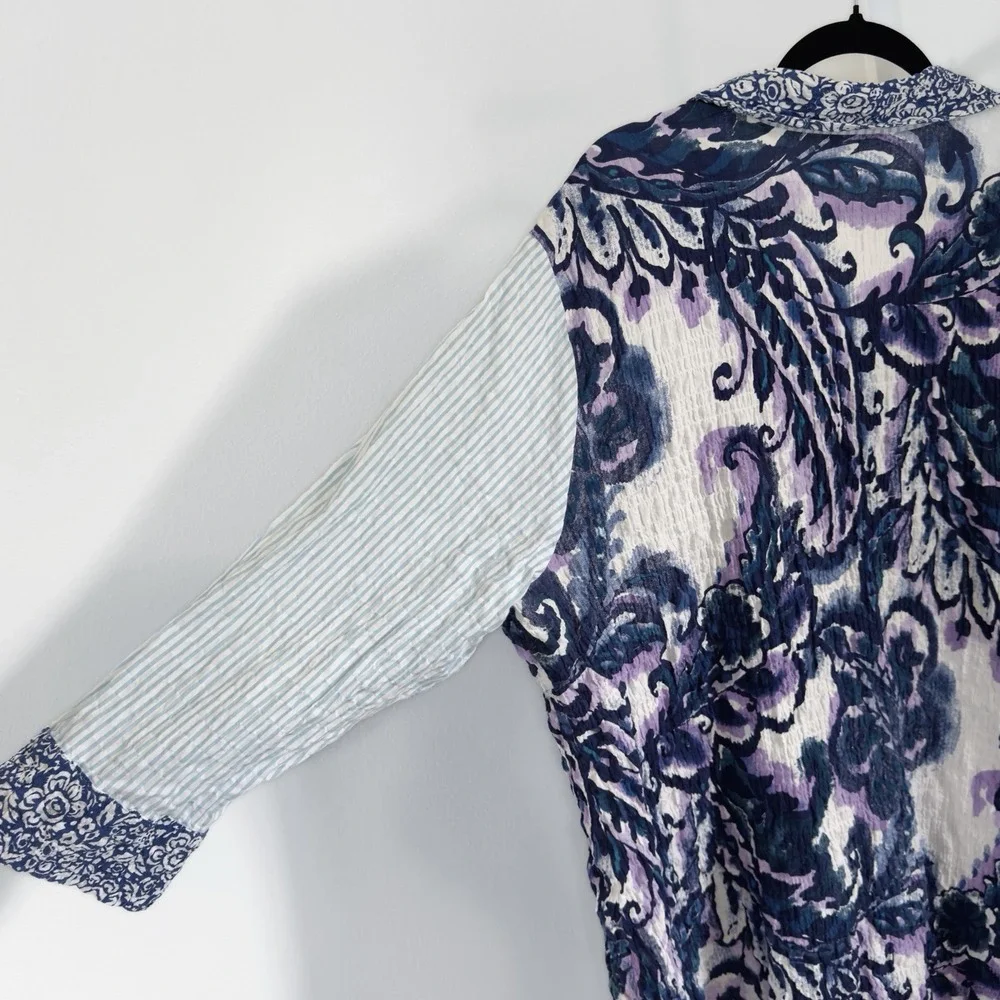 Habitat Top Womens XL Blue Floral Button Up Gauzy Crinkle Cotton Boho Coastal